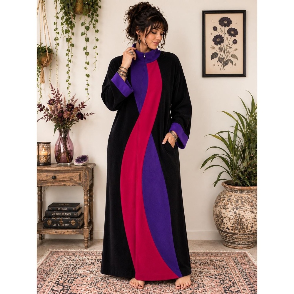 RetroGlam Y2K 80s Vintage VanityFair Black Purple Red Colorblock M Velour Robe